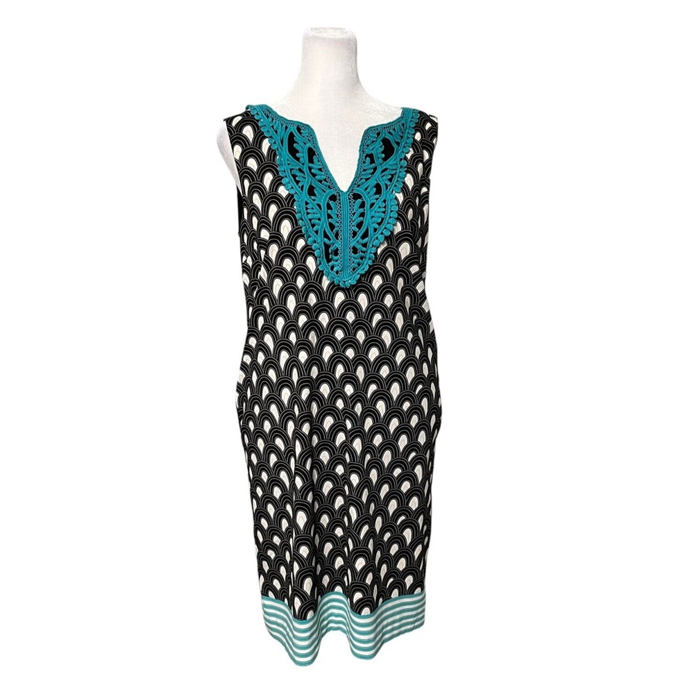 Nicole Miller Black Turquoise Crochet Detail Shift Dress Size 8